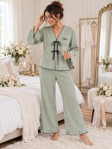 Personalized Bridesmaid Pajama Set, Custom Name Bow Tie PJs, Bridal Party Loungewear, Wedding Morning Pajamas, Bride Gift - Multicolor - View 4