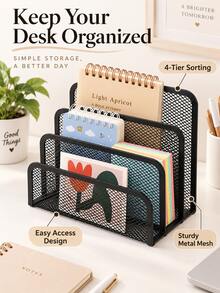 Metal Mesh 4-Compartment File Organizer Desktop Memo Storage Box Office Desk Letter Sorting Rack Student Desk Book & Document Divider Frame Office Stationery Sundries Organizer Box Back To School Dormitory Desktop Storage Essential, Hollow Mesh Breathable Design, Partitioned Storage For Memos Notebooks Files, Sturdy Iron Craft Resistant To Deformation, Universal Storage Solution For Office Home Desk - Multicolor - View 5