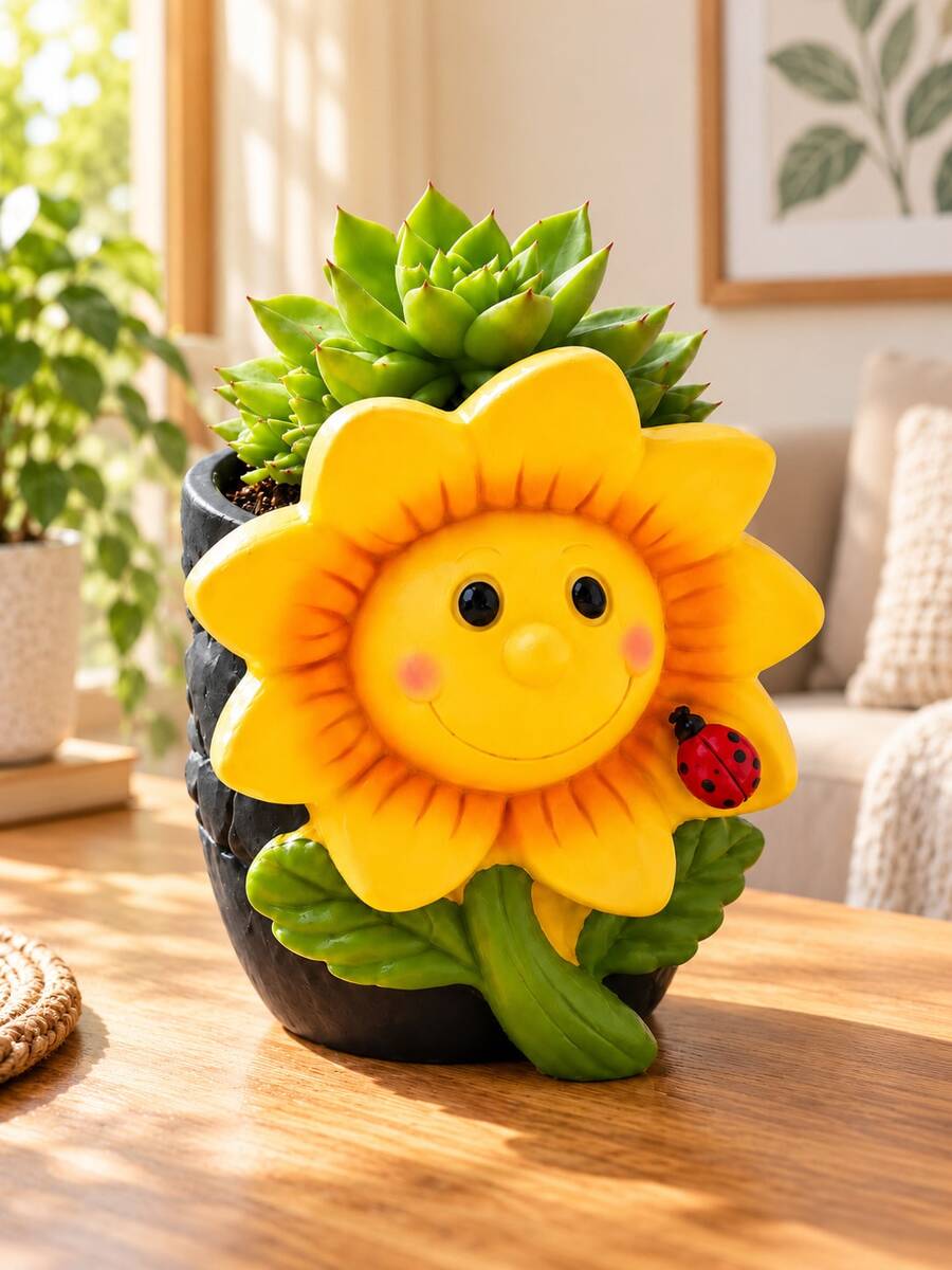 Cute Sunflower Face Planter Pot With Ladybug, Decorative Succulent Plant Pot, Smiling Flower Plant Container For Indoor Home Garden, Desktop, Window Sill & Shelf Decor - A - View 1
