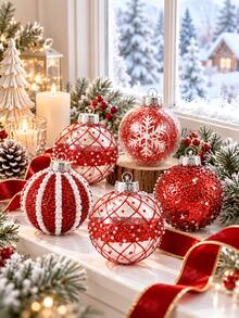 12pcs-Red Christmas Ball Decoration Set, Pearl Glitter Snowflake Christmas Tree Decor, With Gift Box, For Christmas Decoration, Home Party, Winter Home Decor, Red Christmas, Holiday Party Decorations, Pearl Christmas Decorations (Red) - Red - View 2