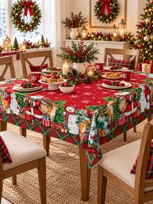 1pc Red Santa Snowman Christmas Tablecloth, Festive Holiday Polyester Round & Square Table Cover With Christmas Tree, Reindeer, Gift & Tartan Border Print, Decorative Dining Table Cover For Christmas Dinner, Winter Party & Home Decor - Multicolor - View 13