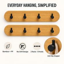 2pcs Bamboo & PP Wall-Mounted Hook Rack, Convenient Hanging Storage For Your Home. Each Rack Features 4 Black Hooks With Stopper Design To Prevent Rings And Straps From Slipping. Drill-Free Installation Allows You To Utilize Wall Space To Organize Keys, Hats, Small Towels And Lightweight Accessories; Natural Bamboo Backboard Adds A Warm Texture - View 4
