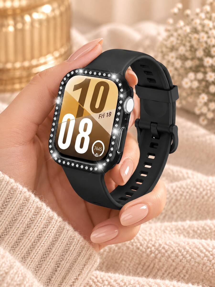 2pcs Black Silicone Watch Band And Shiny Single Rhinestone Watch Case, Compatible With Huawei Watch Fit3/4, Replacement Watch Band Protective Case, Elegant Watch Band Accessories, Shiny Watch Protective Cover, Provides Daily Watch Protection, Watch Accessories, Smartwatch Replacement Band, Perfect Gift For Women, Friends And Family, Suitable For Parties, Travel, Daily Wear, Unisex Gift - Black - View 1