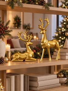2pcs Gold Reindeer Statue Set, Christmas Decorations 2026, Modern Deer Figurines, Holiday Tabletop Decor For Mantel, Fireplace, Bookshelf, Living Room - Geometric Deer - View 5