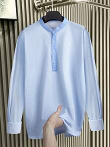 Men's Stand Collar Striped Long Sleeve Shirt, Loose Fit Versatile Half-Button Pullover Blouse, Spring/Autumn - Blue - View 4