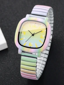 Women's Colorful Rainbow Gradient Square Quartz Wristwatch, Elastic Stretch Band, Casual Y2K Daily Wear Decorative Watch - Multicolor - View 6
