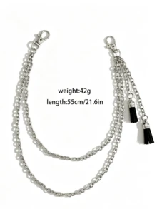 1pc Gothic Style Pants Chain, Hip-Hop Multi-Layer Tassel Metal Waist Chain, Versatile Punk Leather Tassel Pendant Pants Chain - Silver - View 5
