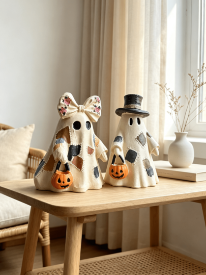 1pc Ghost Statue Resin Off-White Patchwork Stitched Ghost Figurine, Vintage Farmhouse Style Autumn Halloween Bookshelf Desktop Decor, Holiday Home Display Ornament