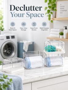 Stackable Clear Plastic Storage Organizer Bin With Handle, Transparent Desktop Countertop Storage Box, Household Multi-Purpose Container For Sundry Items, Cosmetics, Garbage Bag Storage - Clear - View 8