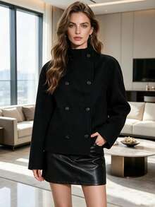 Women's Black Woven Fabric Double-Breasted Jacket, Stand Collar, Long Sleeve, With Pockets, Perfect Choice For Autumn/Winter Outfit - Black - View 6