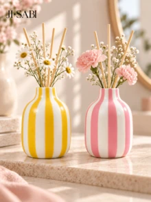 1PC Candy Color Vertical Striped Mini Vase, 7 Colors Glossy Bulb Shape Reed Diffuser Bottle, Dual Purpose Tabletop Decor For Dried Flowers, Bedroom Bathroom Home Decor, Oil & Reed Sticks Not Included - Striped Aroma Bottle - View 2