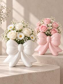 Jarrón decorativo de plástico con lazo lindo, soporte para flores estilo INS, adecuado para sala de estar, escritorio, estantería, entrada, dormitorio, adorno de decoración del hogar - Florero con lazo de pie - Ver 8