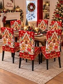1pc Red Sweet Christmas Chair Slipcover, Cute Gingerbread Boy Girl Candy Cane Lollipop Snowflake Pattern, Stretch Spandex Parsons High Back Chair Cover, Washable Removable Protector For Dining Room Kitchen Xmas Decor - Multicolor - View 2