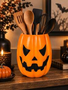 1pc Halloween Jack-O'-Lantern Utensil Holder, Pumpkin Face Kitchen Counter Storage Crock, 2 Colors Orange & White, Decorative Cutlery Container For Countertop, Fall Harvest Kitchen Decor - Multicolor - View 12