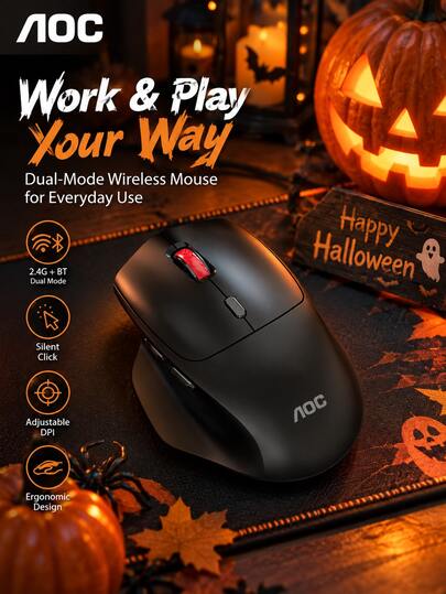 AOC N230 Ratón inalámbrico ergonómico de modo dual, 2.4G + Bluetooth, recargable para portátil y PC