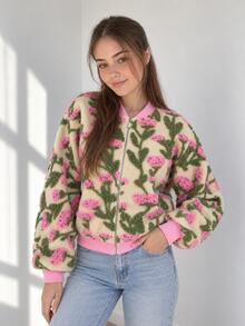 Women's Pink & Green Floral Pastoral Style Baseball Jacket, Loose Short Long Sleeve Jacquard Fleece Autumn Outerwear - Multicolor - View 9