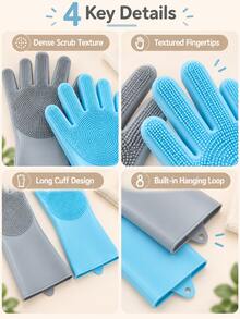 2-In-1 Silicone Dishwashing Gloves With Built-In Cleaning Brush, Reusable, Heat Resistant, Dense Bristles. Suitable For Dishwashing, Kitchen Sink Cleaning, Car Washing And Pet Grooming. A Must-Have For Every Household. - Multicolor - View 8