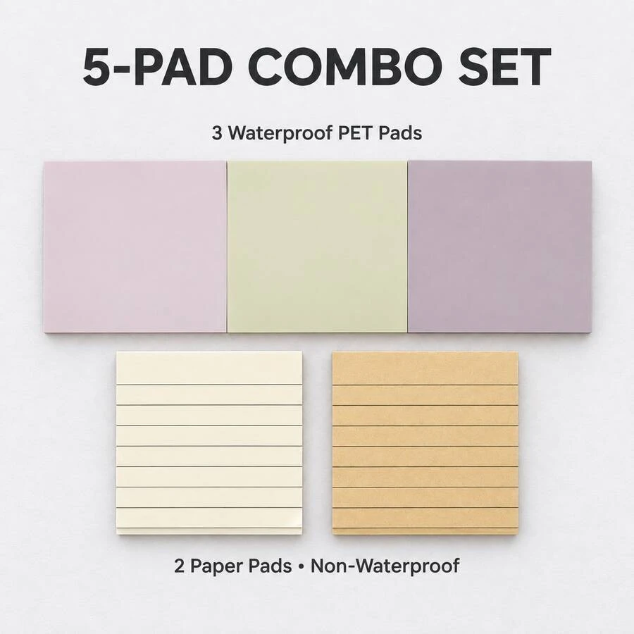 5pcs/Set 7.5cm Square Sticky Notes, 3pcs Waterproof PET Transparent Notes + 2pcs Lined Paper Notes, Self-Adhesive Memo Pads For Study And Office - one-size - View 1