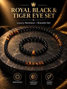 2Pcs 8mm Black Obsidian Tiger Eye Beaded Necklace Bracelet Set For Men Women, Unisex Natural Stone Bead Jewelry Set - Multicolor - View 2