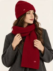 Women's Autumn/Winter Solid Color Knit Hat & Scarf 2pcs Set, Simple Versatile Face-Slimming Warm Beanie Set - Multicolor - View 15