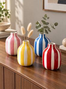 1pc Colorful Vertical Striped Decorative Vase, Dopamine Style Tabletop Vase For Dried Flowers, Home Living Room Desk Ornament - Striped Small Round Bottle - View 4
