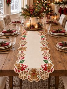 1pc-Christmas Gingerbread Man Cutout Table Runner, Xmas Candy Cane Snowflake Table Runner, Rustic Farmhouse Holiday Table Decor, Seasonal Tabletop Centerpiece For Dining Table Kitchen Party Winter Christmas Home Decorations - Multicolor - View 4