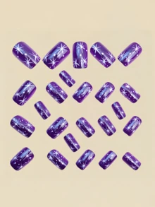 24 Pieces - Purple Snowflake Christmas Party Winter Fake Nails - Mid-Length Oval-Shaped Protective Armor - Purple - View 2