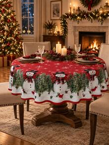 1pc Red Snowman Christmas Tablecloth, Festive Polyester Round Or Square Table Cover With Evergreen Garland, Cardinal, Pinecone & Snowflake Border, Soft Washable Holiday Dining Decor For Christmas Dinner, Winter Party, Kitchen & Home - Multicolor - View 2