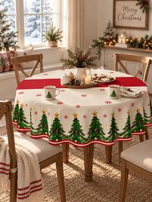 1pc Ivory Christmas Tree Tablecloth, Festive Polyester Round Or Square Table Cover With Red Center Band, Gold Star, Snowflake & Evergreen Border, Soft Washable Holiday Dining Decor For Christmas Dinner, Winter Party, Kitchen & Home - Multicolor - View 3