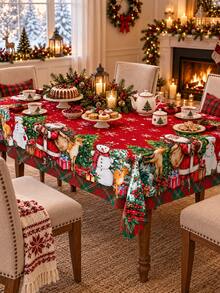 1pc Red Santa Snowman Christmas Tablecloth, Festive Holiday Polyester Round & Square Table Cover With Christmas Tree, Reindeer, Gift & Tartan Border Print, Decorative Dining Table Cover For Christmas Dinner, Winter Party & Home Decor - Multicolor - View 6