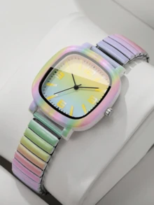 Women's Colorful Rainbow Gradient Square Quartz Wristwatch, Elastic Stretch Band, Casual Y2K Daily Wear Decorative Watch - Multicolor - View 1