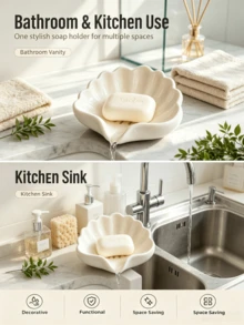 1/2pcs Nordic Style Shell Shaped Soap Dish, Multifunctional Makeup & Jewelry Storage Tray, White Desktop Decor, Non-Slip Soap Holder, Vanity Countertop Organizer, Minimalist Home Goods, Bathroom Essentials Bathroom Essentials,Room Decor,Fall Decor - Multicolor - View 6