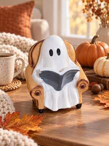 1pc Reading Ghost Figurine, Cute Ghost Sitting In Armchair With Book, Halloween Tabletop Decoration, Soft Spooky Fall Home Decor, Bookshelf Desk Mantel Ornament, Autumn Seasonal Decorative Statue - 1PC - View 7