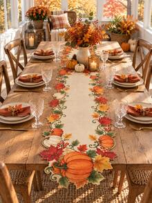 1pc-Thanksgiving Harvest Table Runner, Fall Pumpkin Maple Leaves Cutout Table Runner, Rustic Farmhouse Autumn Table Decor, Seasonal Tabletop Centerpiece For Dining Room Kitchen Party Holiday Home Decor - Multicolor - View 4