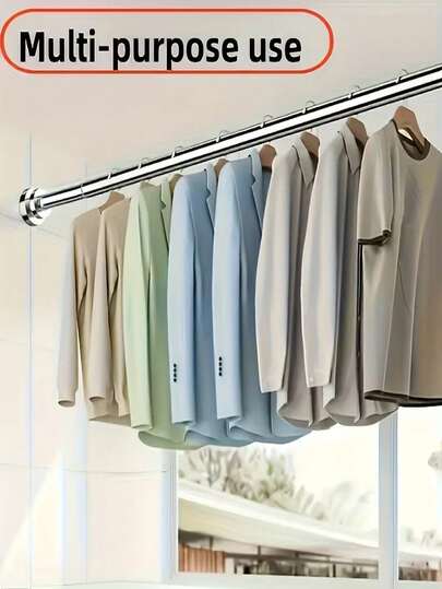 1pc Adjustable Stainless Steel Clothes Hanger, Durable No-Drill Curtain Rod, Multi-Purpose Hanging Bar For Living Room, Laundry, Balcony, Bathroom Storage Organizer - Easy Installation And Use
