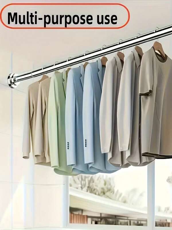 1 pieza Percha ajustable de acero inoxidable, barra de cortina duradera sin taladro, barra colgante multiusos para sala de estar, lavandería, balcón, organizador de almacenamiento de baño - Fácil instalación y uso