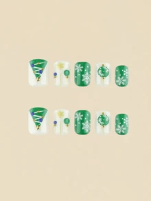 24 Pieces Green Christmas Tree Snowflake Diamond-Studded Holiday Nail Art - Short Square Style Wearable Nail Art - Green - View 3