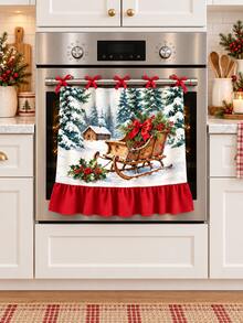 Christmas Sleigh Oven Curtain, Watercolor Winter Forest Cabin Print Ruffle Edge Oven Mitts, Kitchen Decor - Christmas Sleigh Door Curtain - View 4