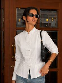 Women's Autumn European & American Style Fashion Blazer Jacket With Stand Collar Rope Knot Frog Buttons - White - View 3