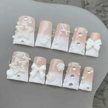Rhinestone Nail Art, Y2K1 Style Nail Set, Handmade Medium-Long Coffin Shape False Nails, Decorated With Colorful Rhinestones, Bows And Other Exquisite Decorations, Suitable For Women As A Gift, Applicable For Parties Or Daily Wear - Silver - View 10