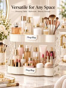 Double Layer Wavy Cosmetic Storage Rack, Light Luxury Cream Style Desktop Organizer, Large Capacity Vanity Skincare Perfume Storage Box, Can Hold Makeup Brushes Lipstick Face Cream, Bathroom Sink Cup Miscellaneous Multi-Functional Tiered Storage Tray - Multicolor - View 4