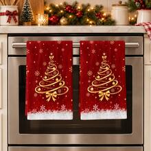 2pcs Christmas Red Printed Kitchen Towels, Gold Christmas Tree Bow Snowflake Star Pattern, Red & Gold Holiday Hand Towels, Winter Kitchen Home Decor Towels, Christmas Party Holiday Decoration, Baking Cleaning Holiday Gift - Multicolor - View 3