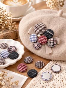 50pcs Assorted 15mm Tweed Plaid Fabric Covered Flat Back Buttons - Houndstooth Fabric Domed Gemstone Decoration, Multi-Color, Suitable For DIY Hair Clip Making, Snap Hair Clips, Coat & Suit Decoration And Sewing Crafts - Round - View 2