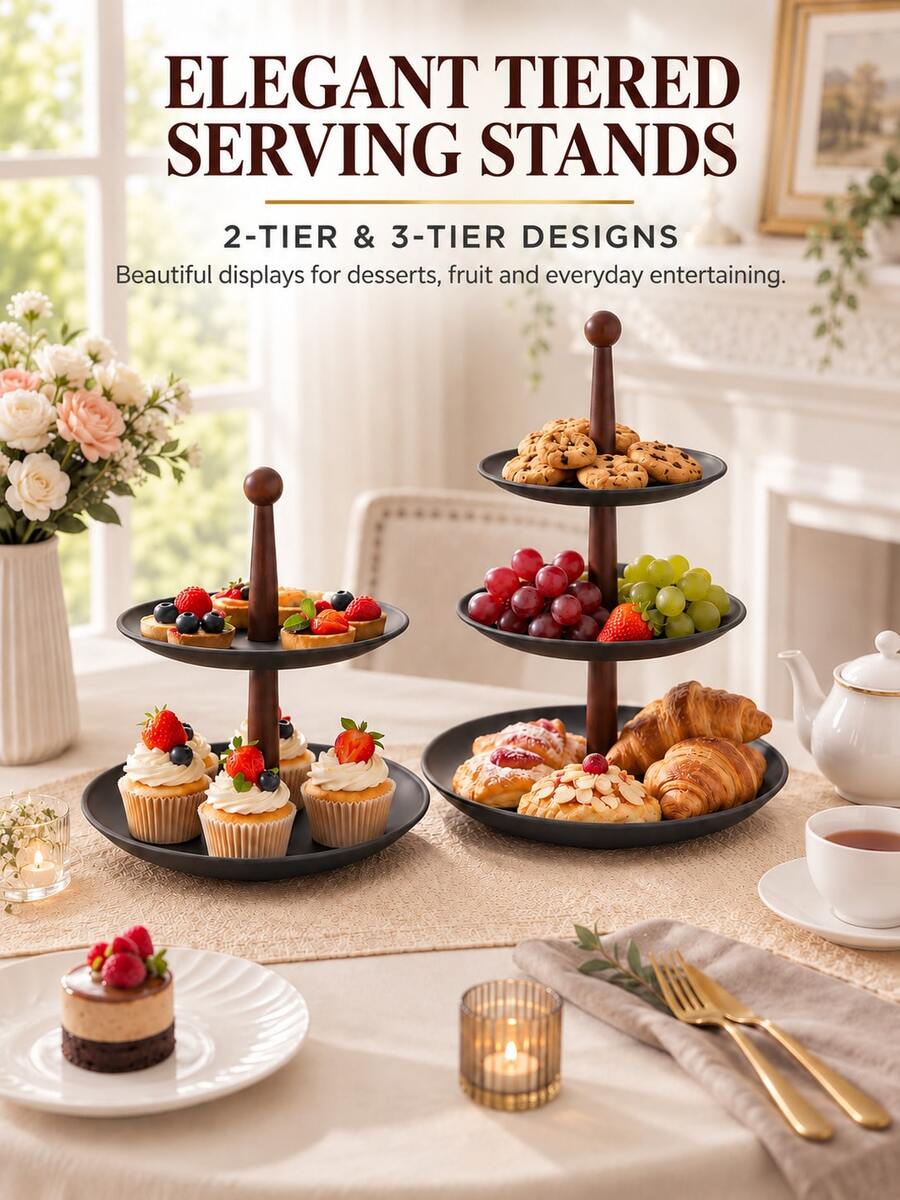 1pc Black Tiered Display Stand With Wooden Support Rod, 2-Tier/3-Tier Dessert Display Tray Suitable For Cupcakes, Fruits, Pastries, Afternoon Tea And Home Decor - Multicolor - View 1