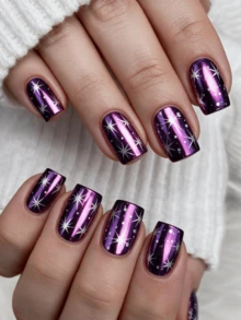 24 Pieces - Purple Snowflake Christmas Party Winter Fake Nails - Mid-Length Oval-Shaped Protective Armor - Purple - View 1