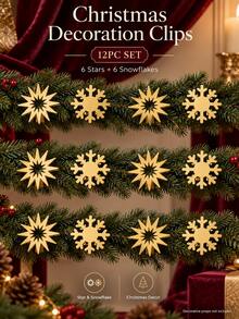 12pcs/Set (6 Stars + 6 Snowflakes) Gold Metal Christmas Decorative Clips, Exquisite Christmas Style Hollow Radial Star And Snowflake Design Back Clips, Suitable For Christmas Tree, Wreath, Gift Box Ribbon And Winter Holiday Home Decor - 6 Stars + 6 Snowflakes - View 1