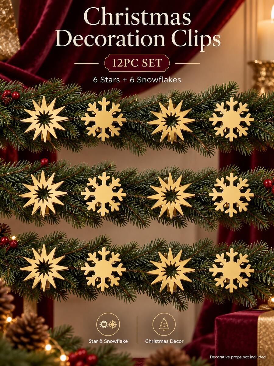 12pcs/Set (6 Stars + 6 Snowflakes) Gold Metal Christmas Decorative Clips, Exquisite Christmas Style Hollow Radial Star And Snowflake Design Back Clips, Suitable For Christmas Tree, Wreath, Gift Box Ribbon And Winter Holiday Home Decor - 6 Stars + 6 Snowflakes - View 1