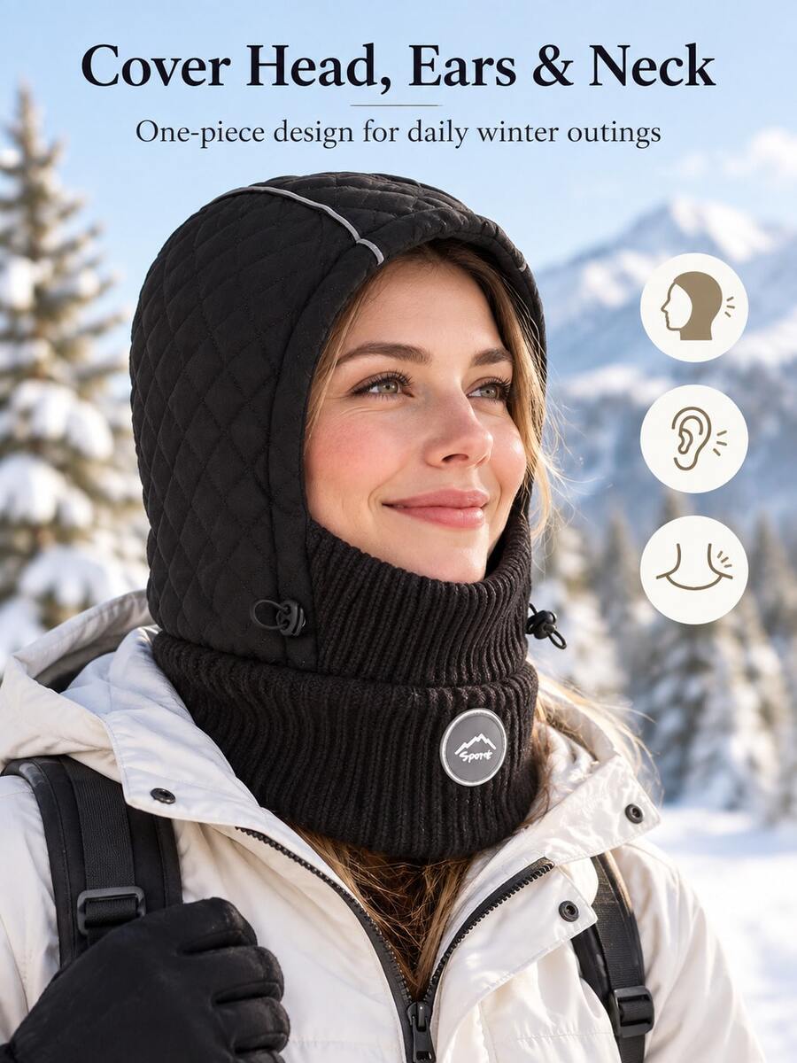 Modern Polyester Quilted Hooded Scarf With Ribbed Knit Face Mask, Drawstring Side Adjustment, Unisex One-Piece Balaclava Covering Head, Ears And Neck, Suitable For Cycling, Commuting, Daily Walks, Outdoor Travel, Snow Travel, Autumn/Winter Accessory