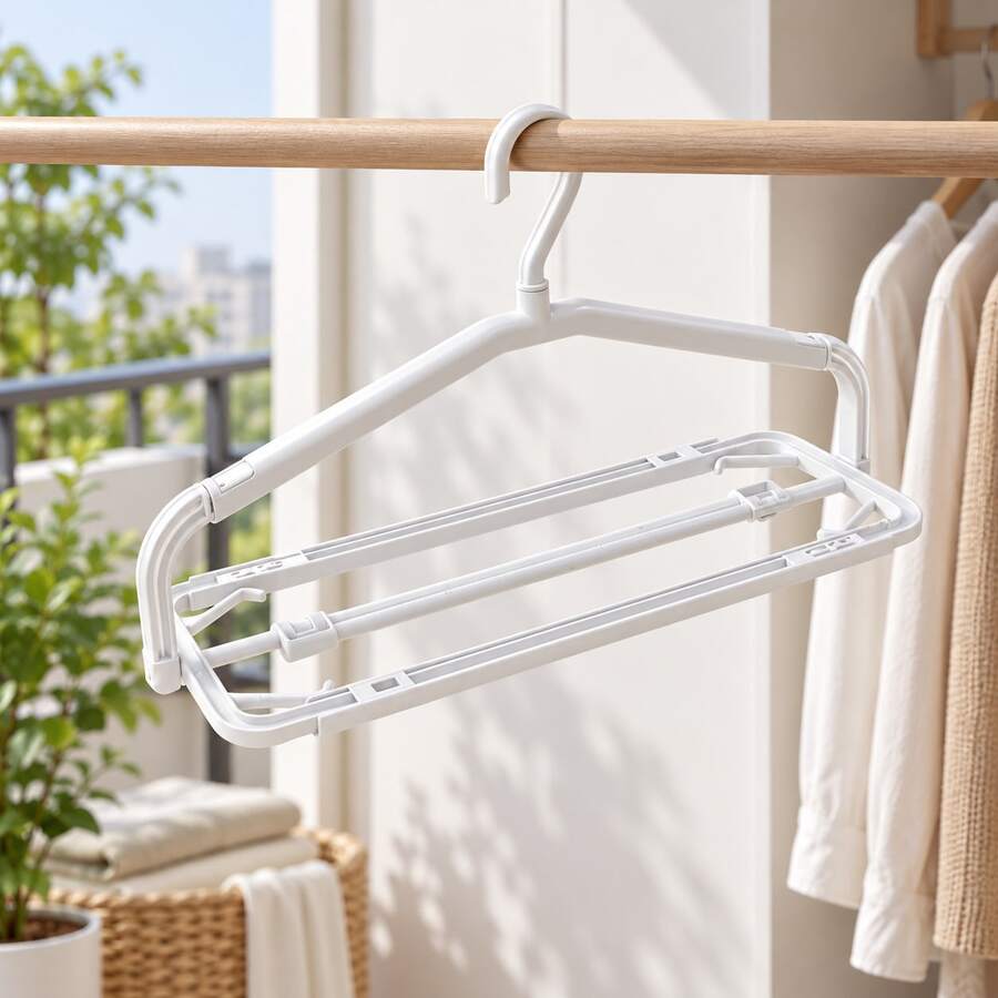 Telescopic Folding Coat Rack, Multi-Functional Wardrobe Storage Organizer, Adjustable Width Drying Rack, Non-Slip Pants Hanger, Space-Saving Clothes Organizer, Home Balcony Closet Hanging Storage Rack - White - View 1