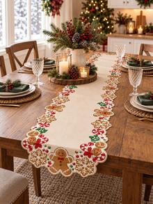 1pc-Christmas Gingerbread Man Cutout Table Runner, Xmas Candy Cane Snowflake Table Runner, Rustic Farmhouse Holiday Table Decor, Seasonal Tabletop Centerpiece For Dining Table Kitchen Party Winter Christmas Home Decorations - Multicolor - View 8